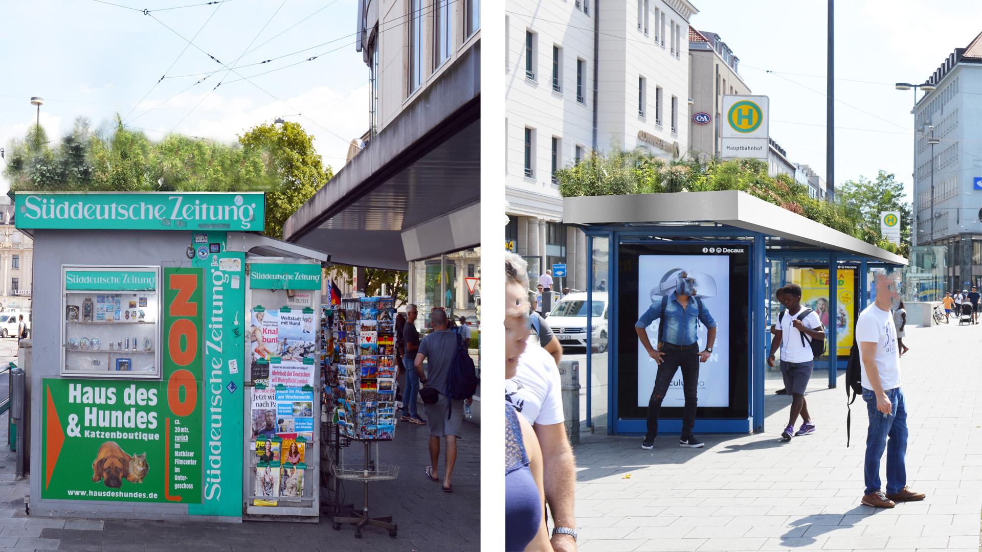 Zeitungskiosk + Wartehäuschen mit begrünten Dächern im HPL System