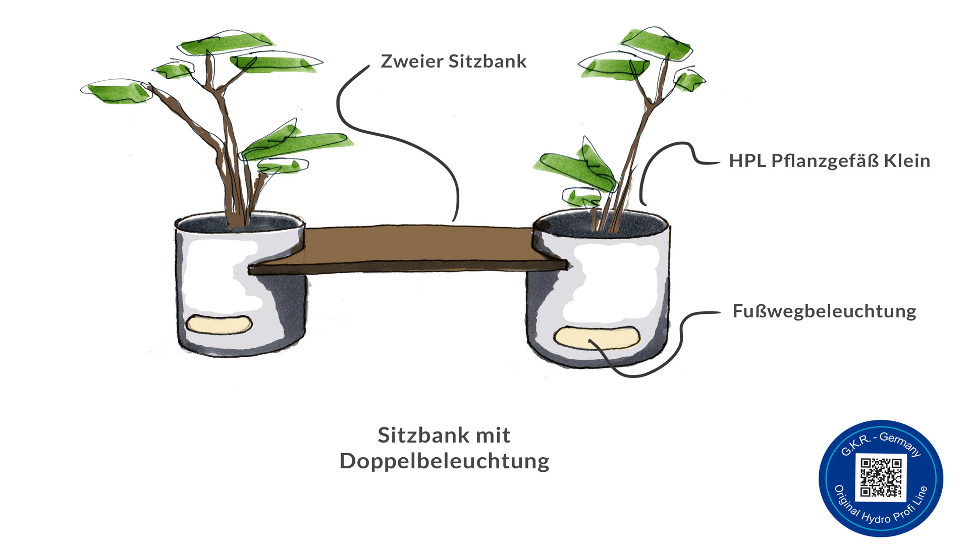 HPL Gefäße mit Sitzbank und integrierter Beleuchtung