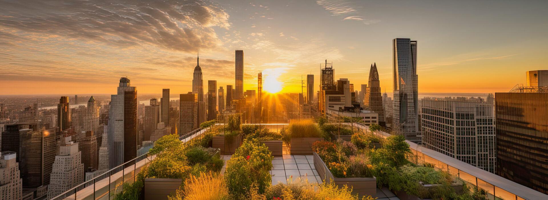 generative ai illustration of a green roof garden on a skyscrape