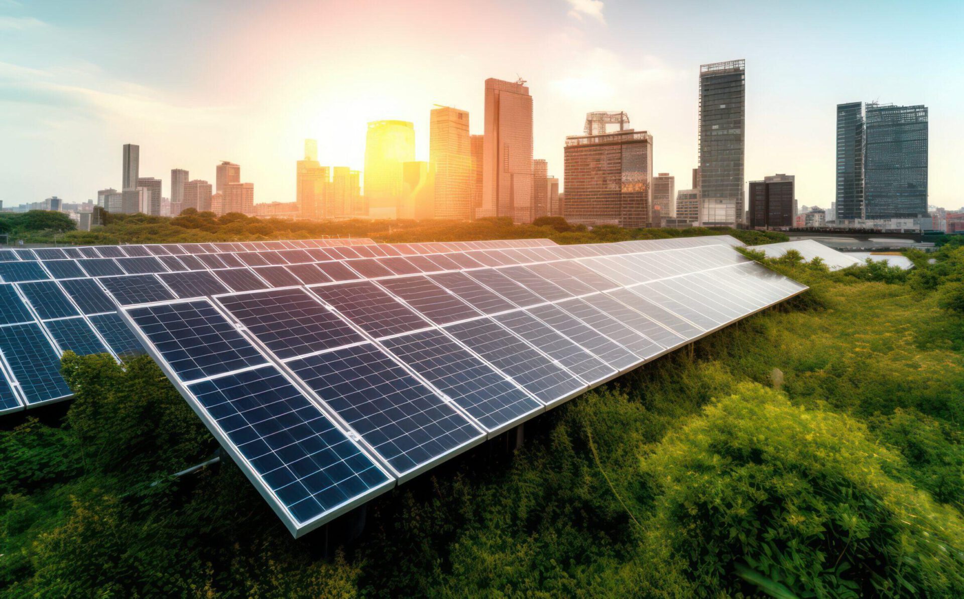 Solar panels with a city skyline in background, showcasing the i