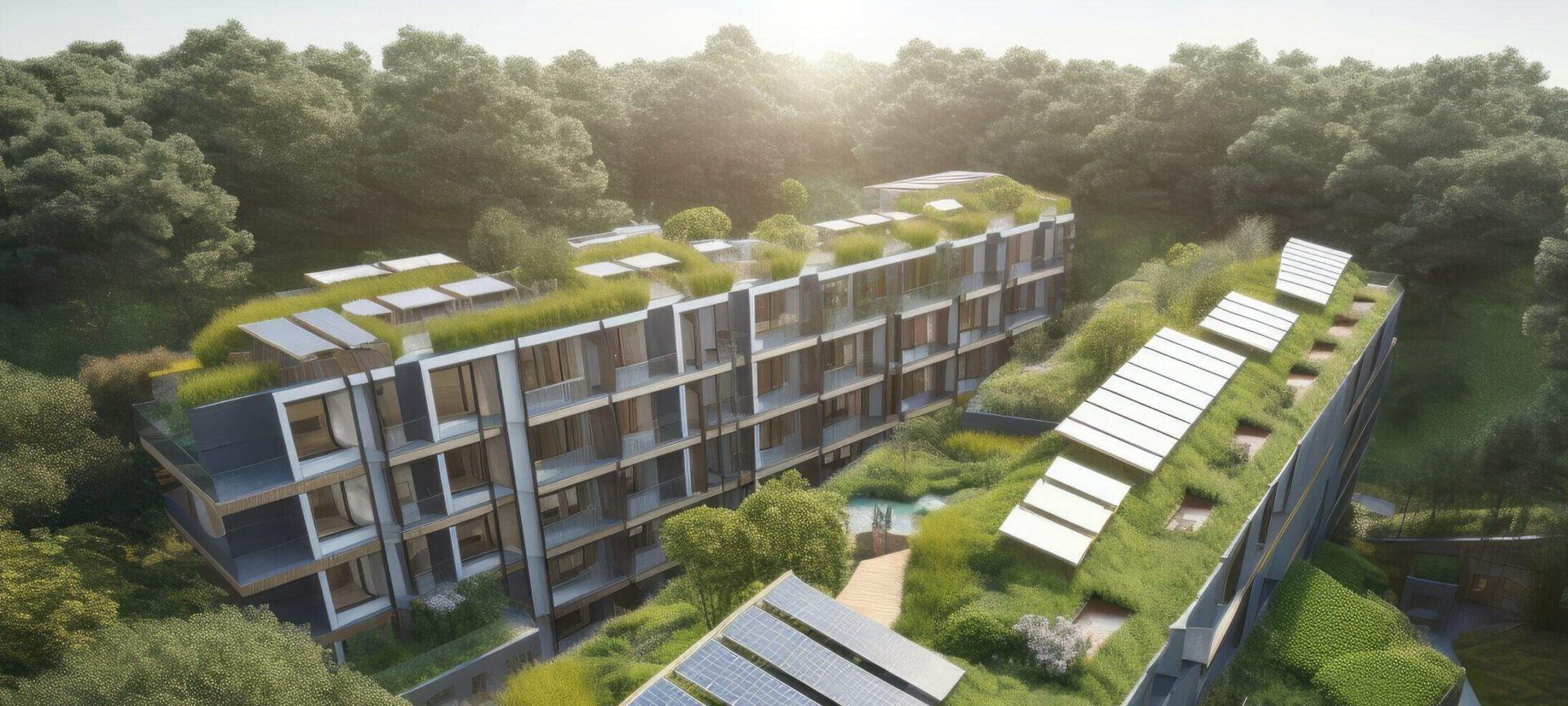 eco-friendly apartment complex with solar panels, green roofs, and gardens