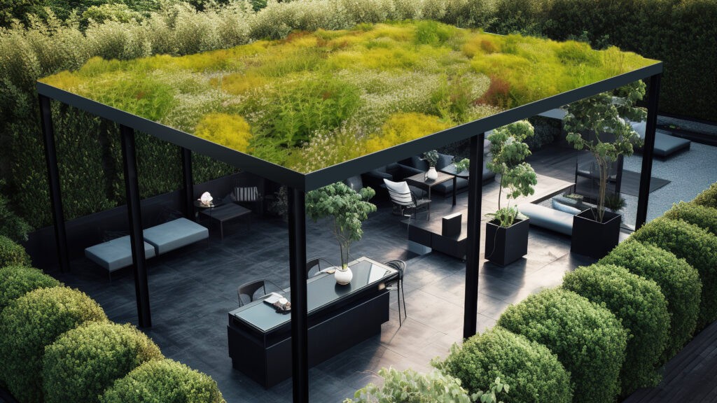 a deck or patio that has a sofa, table, chairs, and a roof that is pergola-style