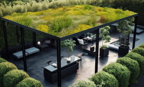 a deck or patio that has a sofa, table, chairs, and a roof that is pergola-style
