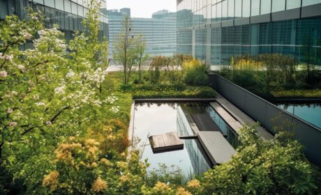 Generative AI illustration of Gorgeous garden on the rooftop of a contemporary glass office building in Asia, morning sunny