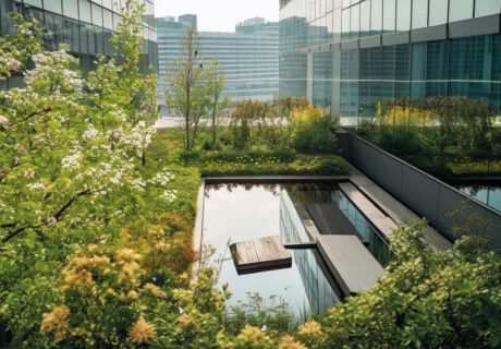 Generative AI illustration of Gorgeous garden on the rooftop of a contemporary glass office building in Asia, morning sunny