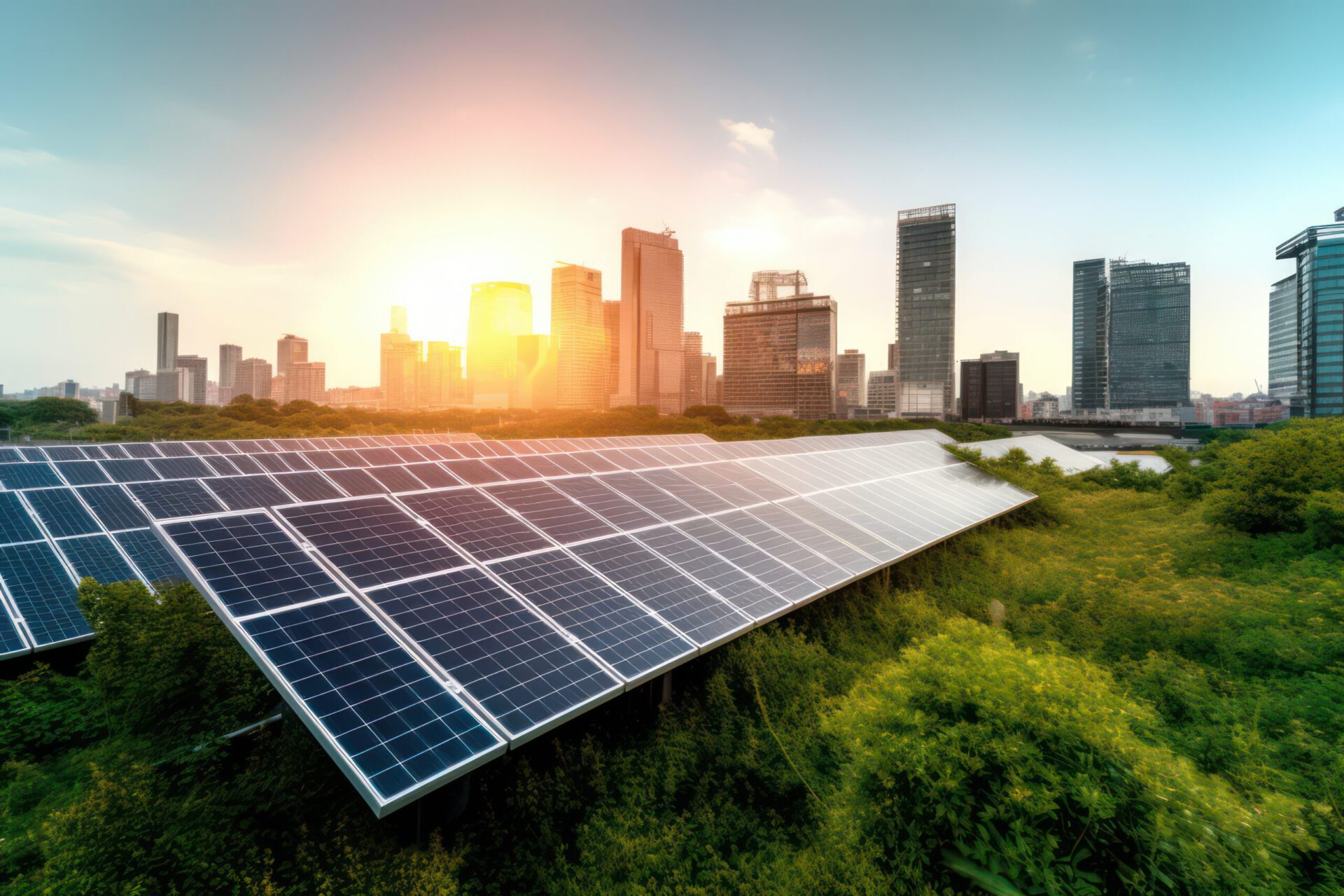 Solar panels with a city skyline in background, showcasing the i