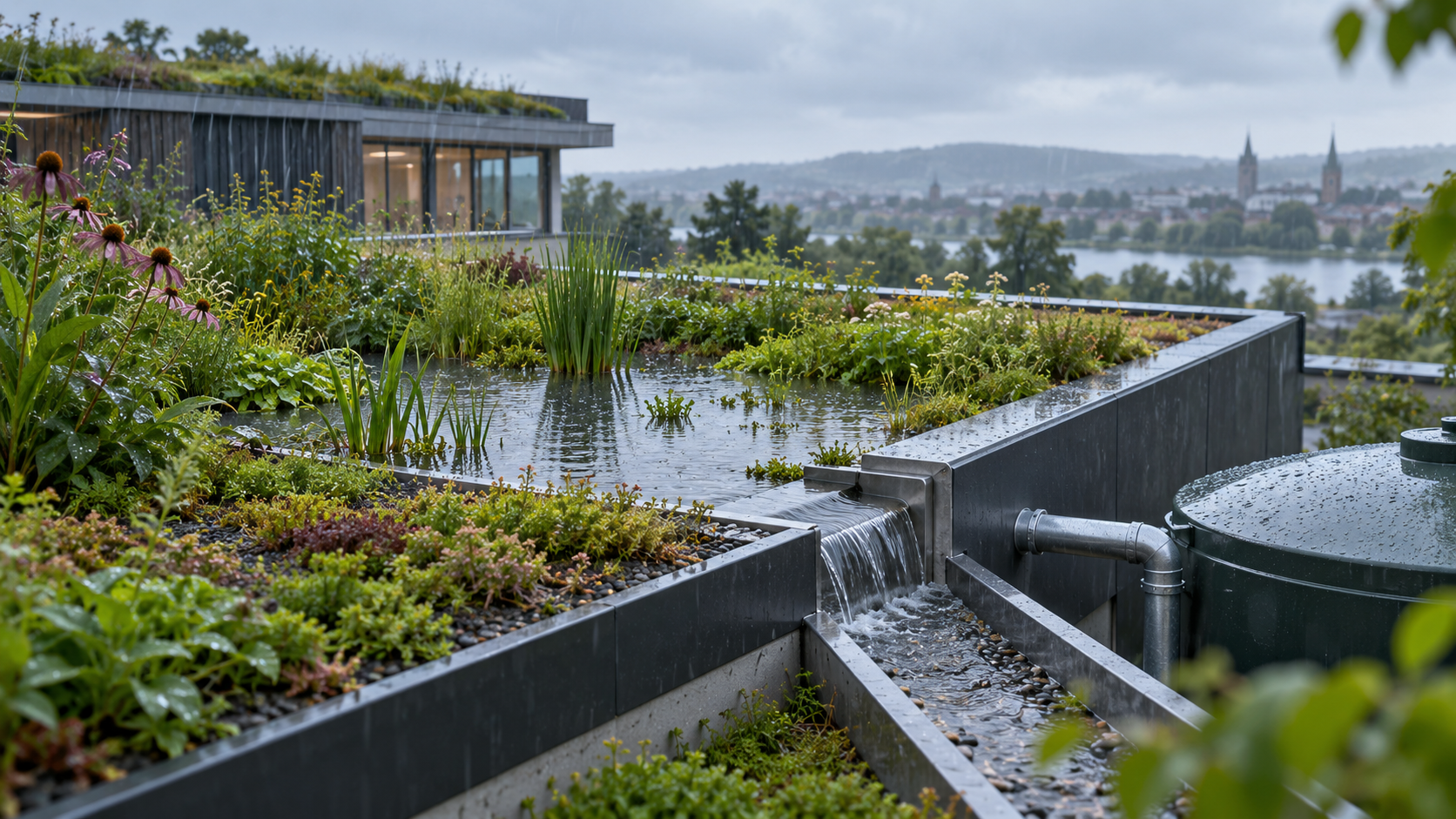 Gründach mit Retentionsbecken im Regen