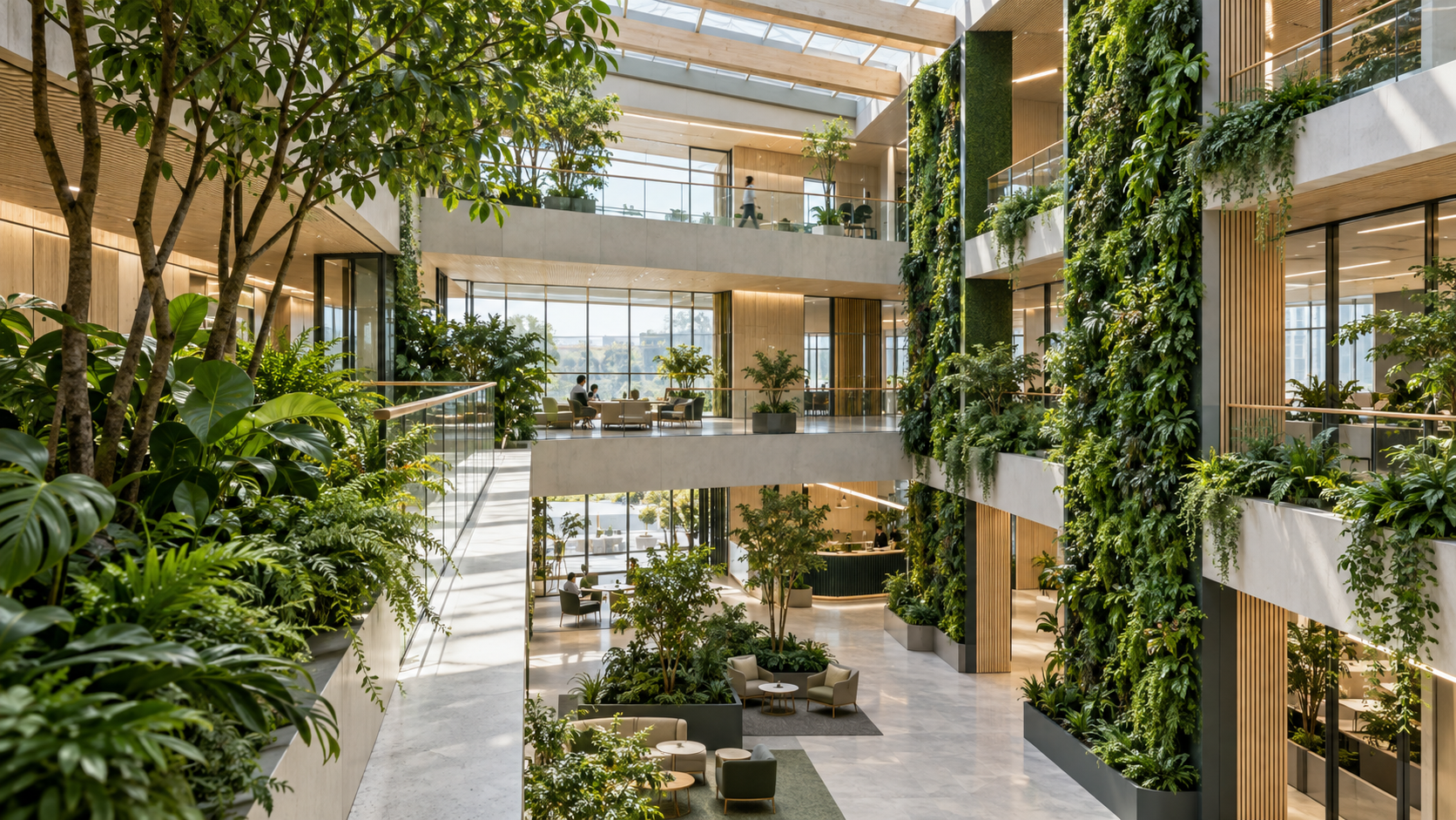 Grünes Büroatrium mit lebenden Wänden