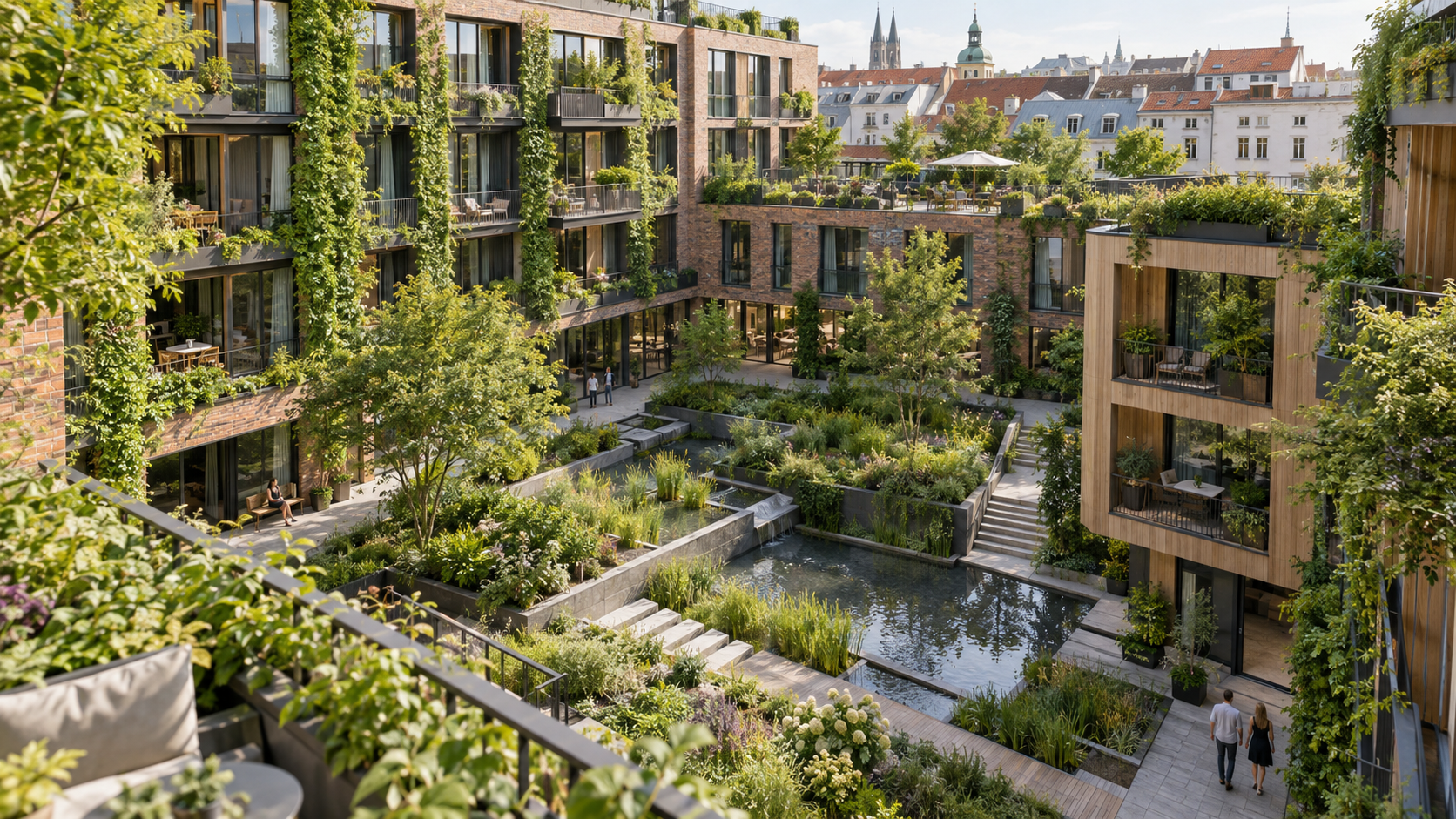 Üppiger Innenhof mit Regenwassergärten