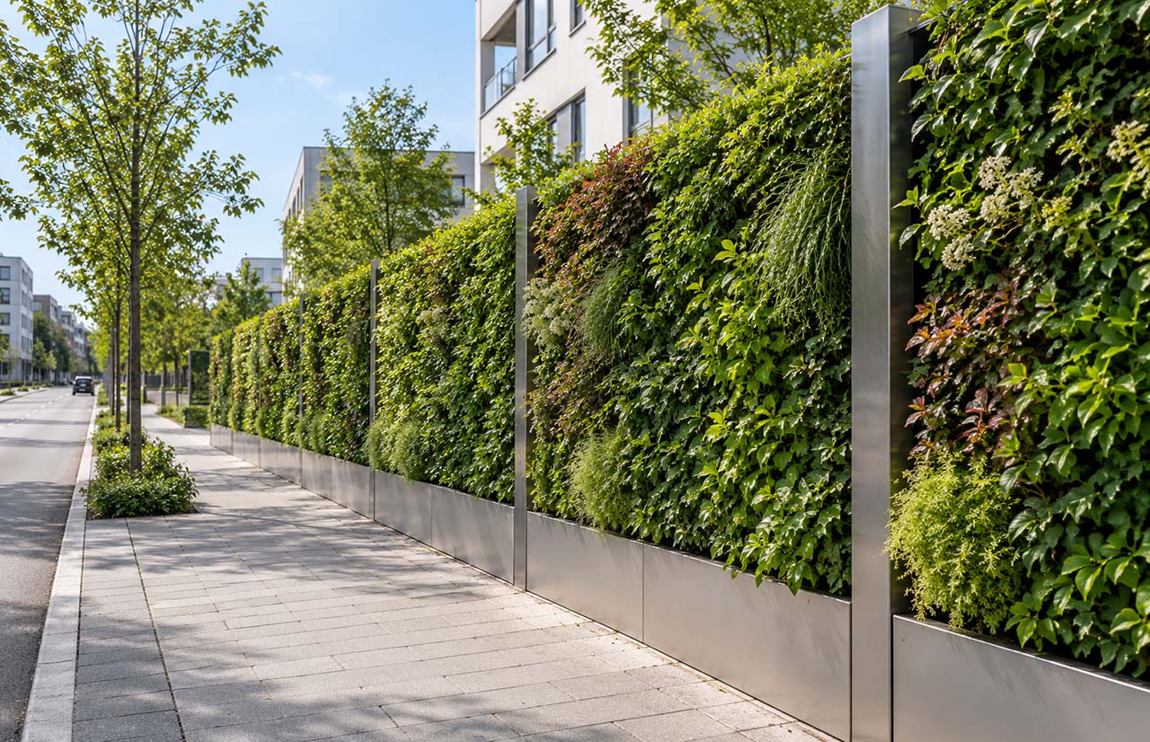 Begrünte Schallschutzwand an urbaner Straße