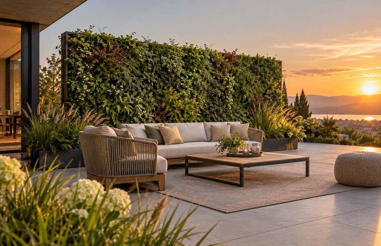 Elegante Terrasse mit grüner Sichtschutzwand
